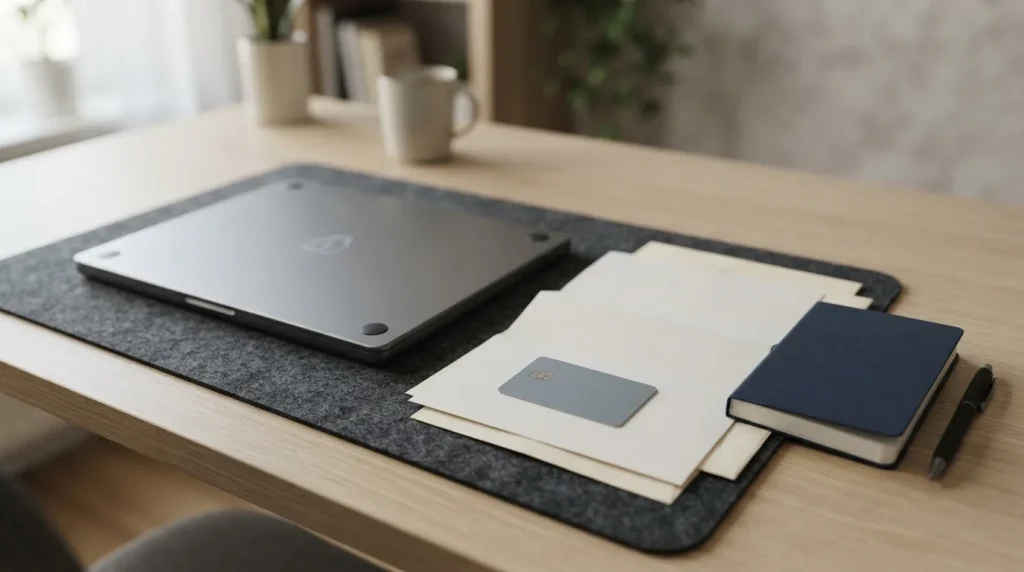 Złożone dokumenty, zamknięty notes i laptop na uporządkowanym biurku
