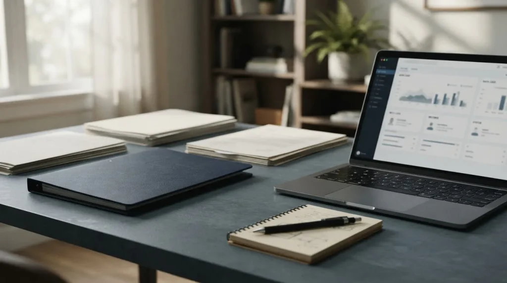 Otwarta teczka z dokumentami obok laptopa i notatnika na biurku